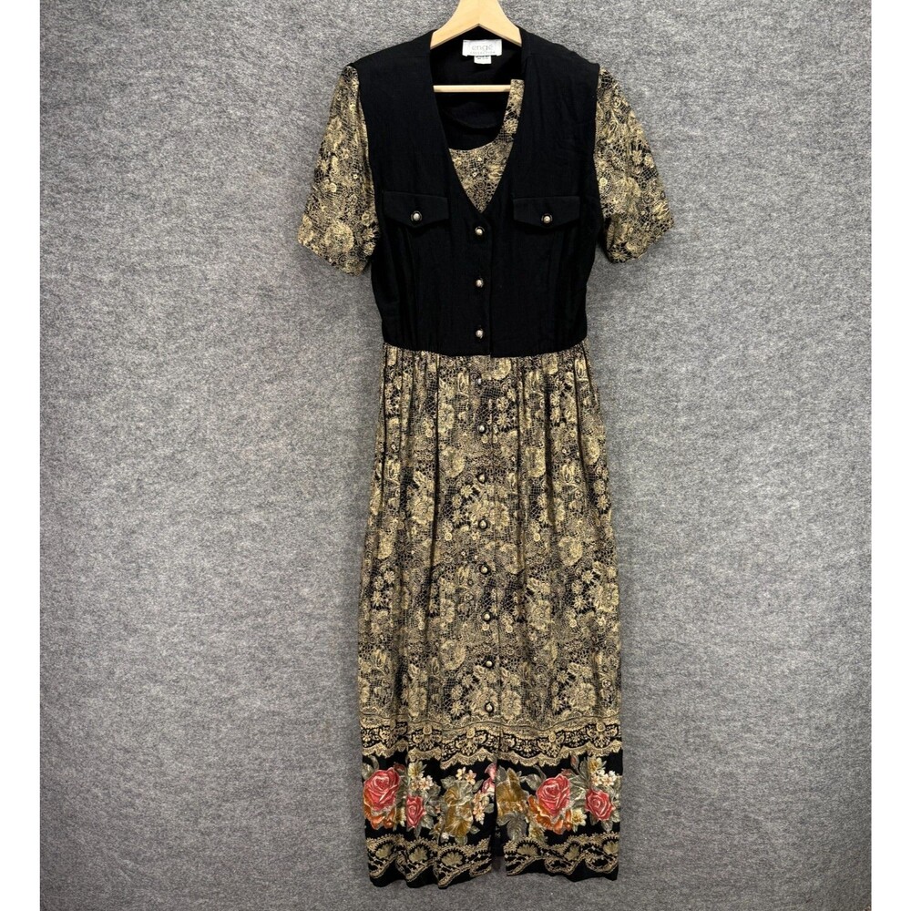 Enge Dress Women M Medium Beige Floral Maxi Long Button V-Neck Short Sleeve